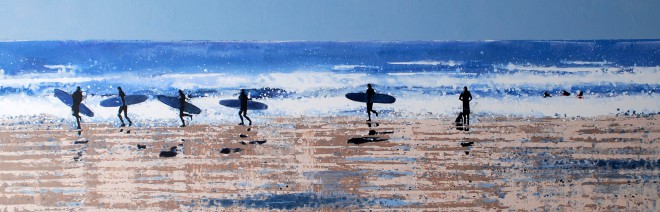 Surfers Returning at the End of the Day, Polzeath, Cornwall. 