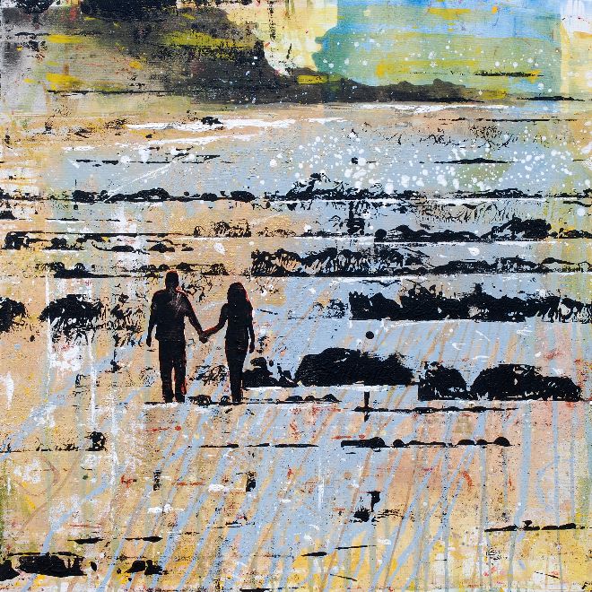 Evening Walk on the Wild Beach (Pors Ar Villec), Locquirec, Brittany. Original Painting or Print Available.