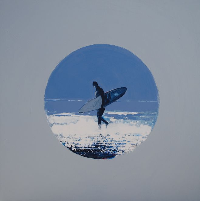 Lone Surfer, Fistral Beach (Porthole painting)