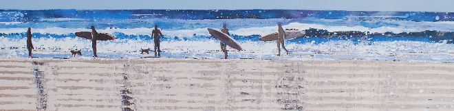 Fistral Beach, Newquay - Surfers along the shoreline. Original Painting 