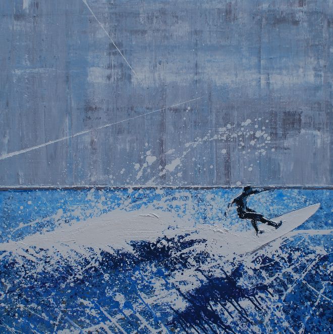 North Cornwall - Atlantic spindrift and surfer. Original or Print Available. 