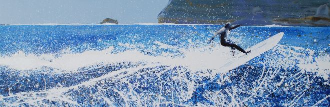 Polzeath, Cornwall - surfer, shadow, sea spray flying. Original or Print Available.