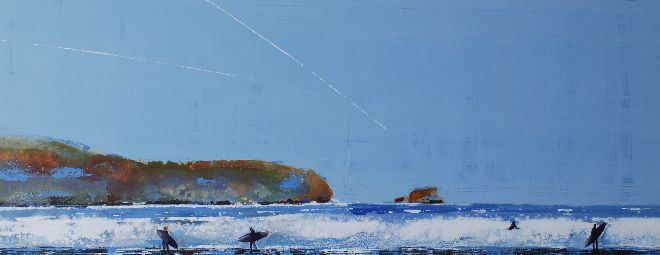 Big Sky and Surfers, North Cornwall. Original Painting Sold - Print Available.