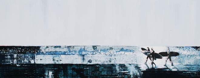 Reflected Light and Surfers, Cornwall. Original Painting Sold - Print Available.
