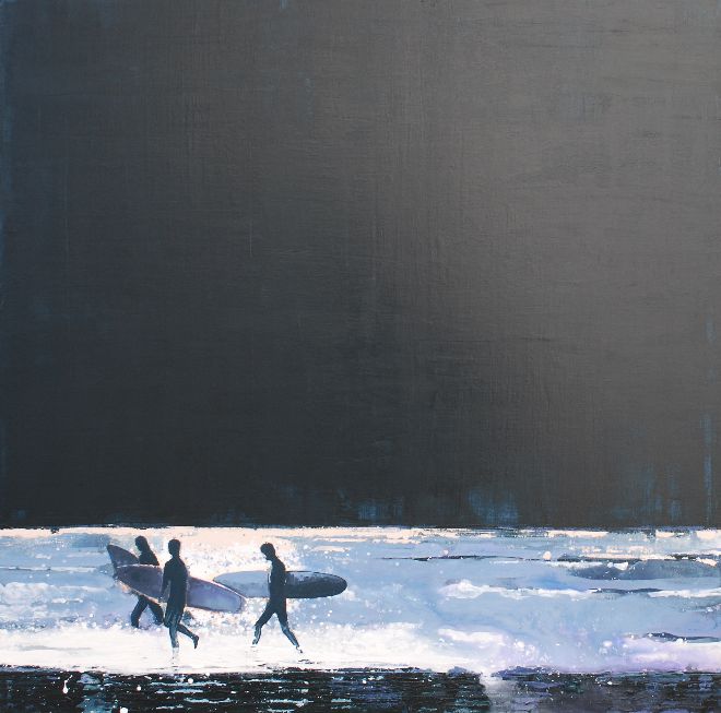 Night Painting with Surfers, Cornwall. Original Painting Sold - Print Available.