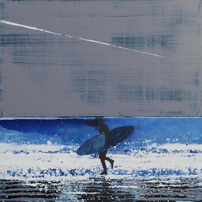 Summer Surfer and Plane Trail, Cornwall. Original Painting or Print Available.