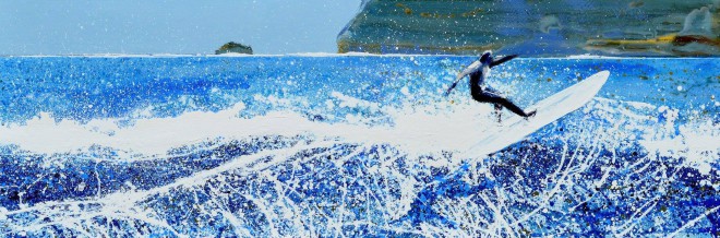 Polzeath, Cornwall - surfer, shadow, sea spray flying